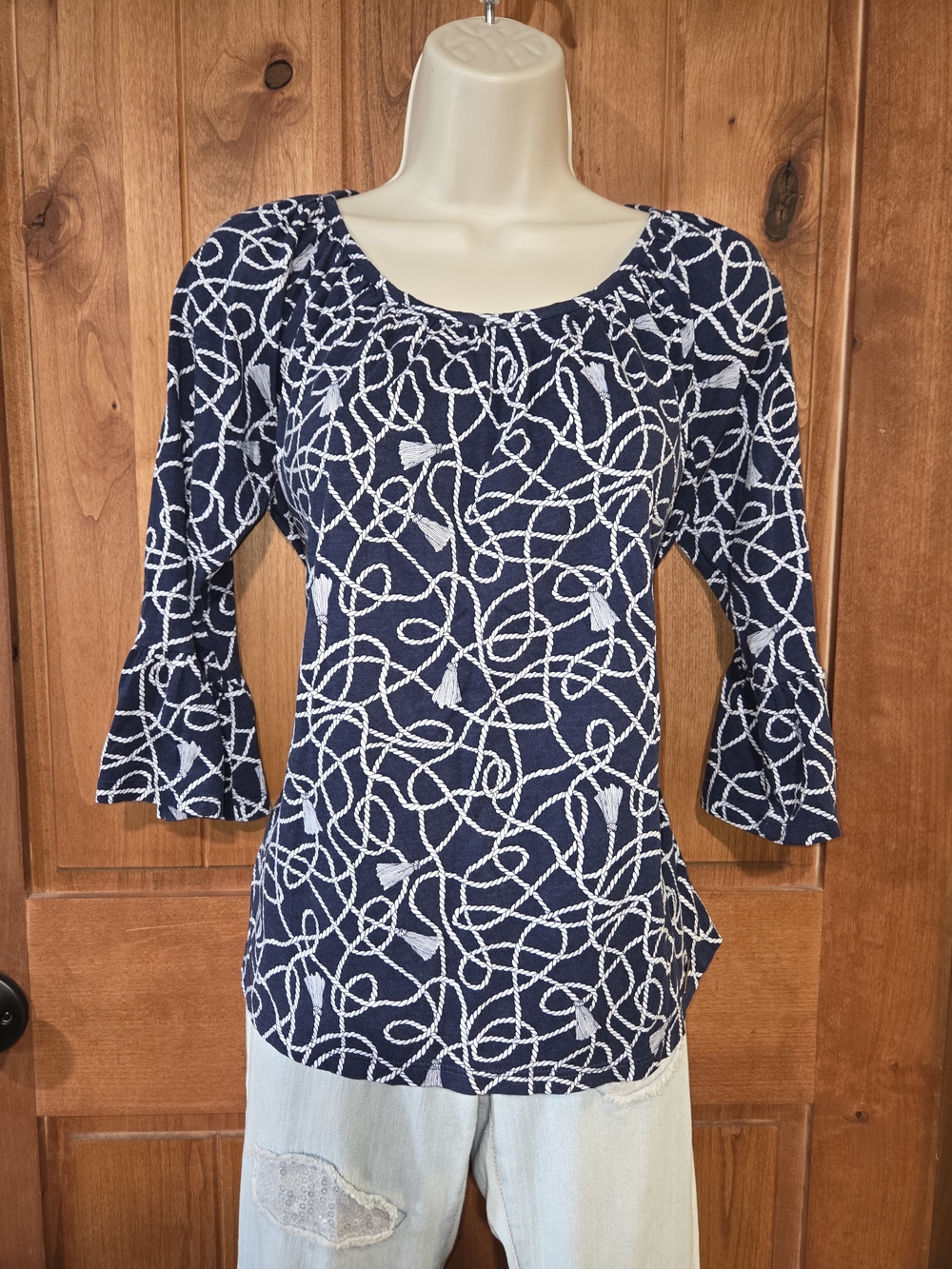 Michael Kors Navy Rope-Print Scoop Neck Blouse